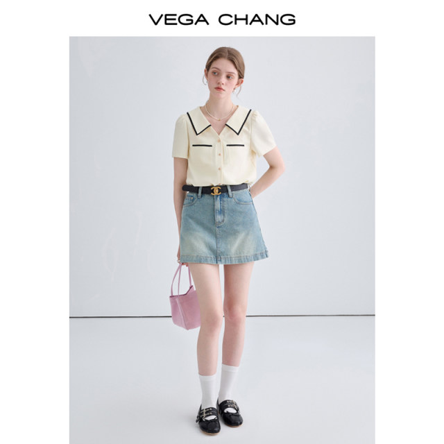 VEGA CHANG denim skirt for women in summer 2025 new retro high-end washing denim skirt