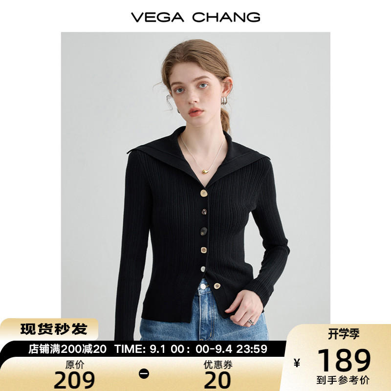 VEGA CHANG黑色針織衫女2023秋季新款設計感修身顯瘦打底長袖上衣