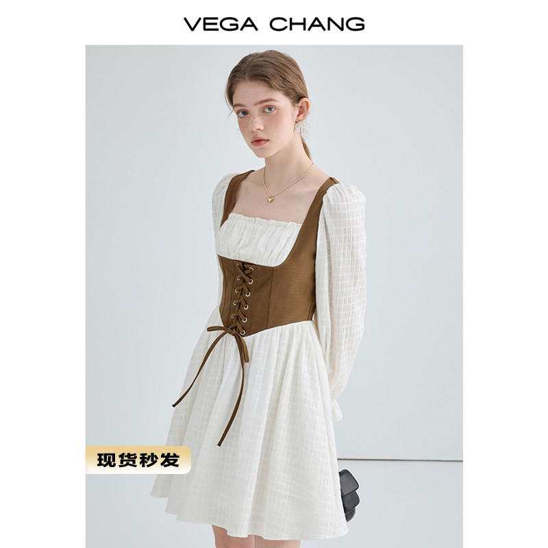 VEGA CHANG假兩件洋裝女2023秋季新款收腰顯瘦氣質法式白色短裙