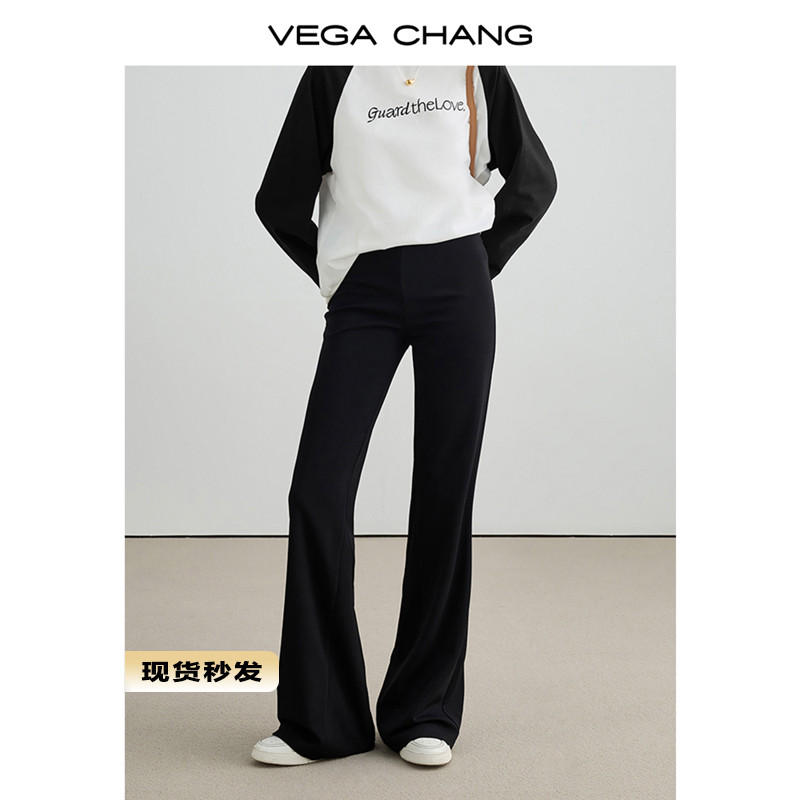 VEGA CHANG黑色休閒褲女2023秋季新款高腰顯瘦簡約設計感微喇長褲