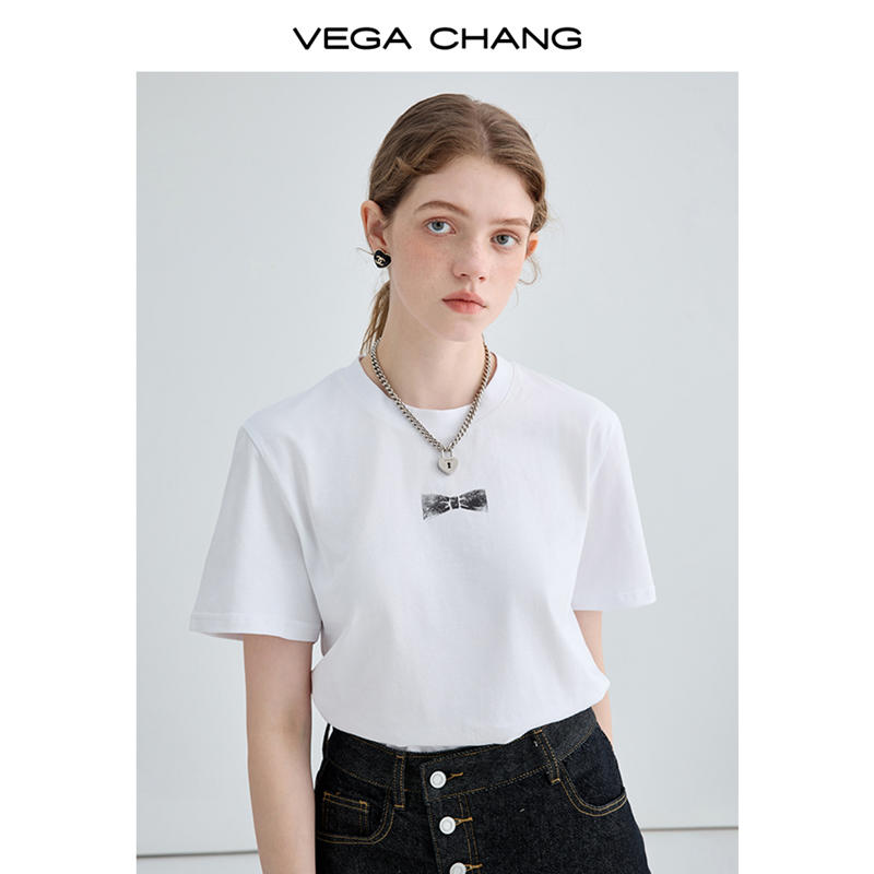 VEGA CHANG印花短袖T恤女2023秋新款設計感寬鬆顯瘦簡約打底上衣