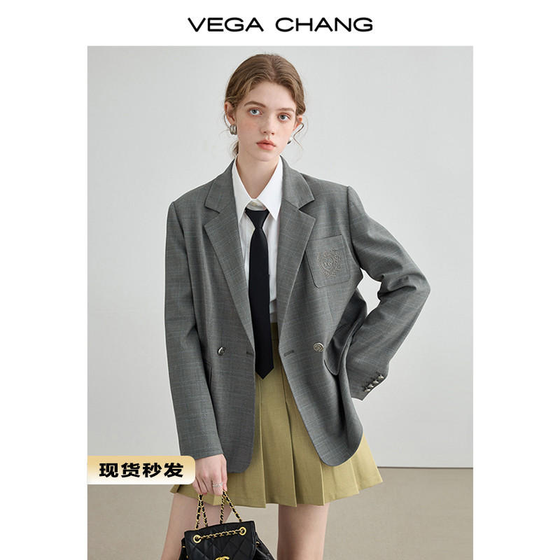 VEGA CHANG西裝外套女2023秋季新款學院風休閒格紋廓形西服上衣