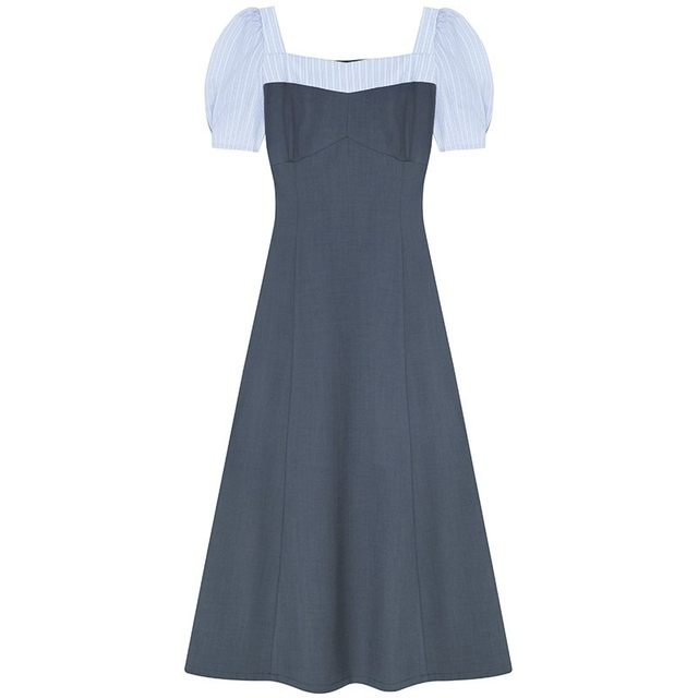 VEGA CHANG short-sleeved dress for women 2025 summer new fake two-piece square collar college style splicing long skirt
