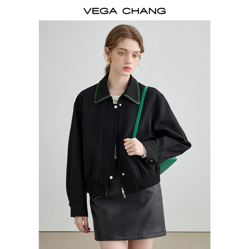 VEGA CHANG黑色短外套女2023秋季新款小個子寬鬆顯瘦休閒夾克上衣