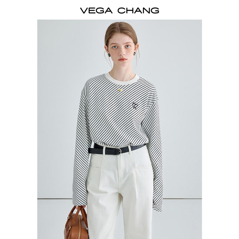 VEGA CHANG長袖T恤女2023新款秋裝通勤時尚寬鬆顯瘦正肩條紋上衣