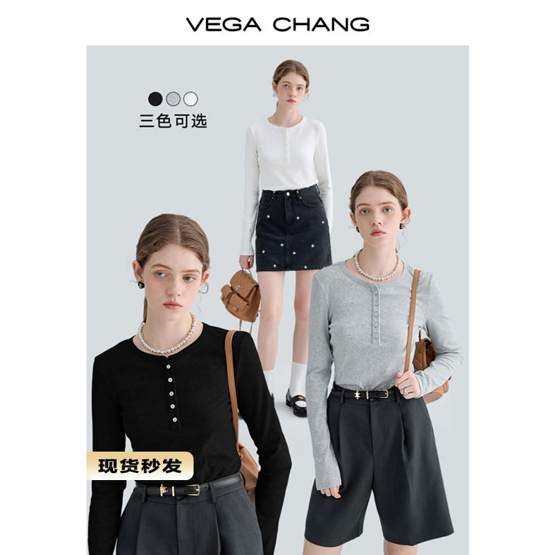 VEGA CHANG長袖T恤女2023秋季新款修身顯瘦休閒圓領純色打底上衣