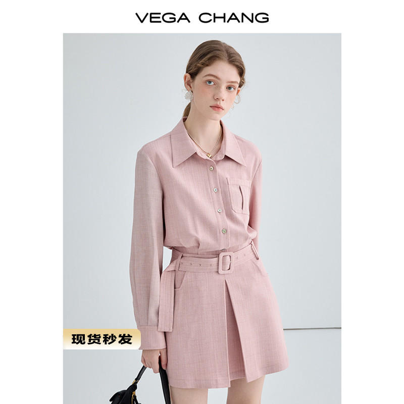 VEGA CHANG長袖洋裝女2023秋新款垂墜感小個子顯瘦氣質襯衫短裙