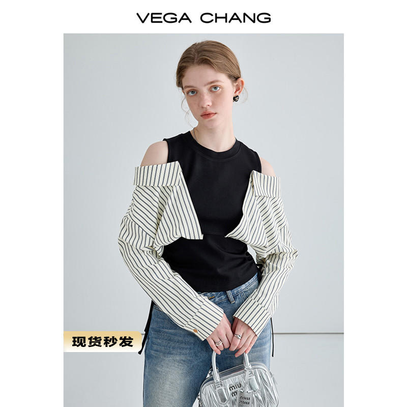 VEGA CHANG假兩件襯衫女2023秋季新款設計感小眾顯瘦氣質長袖上衣