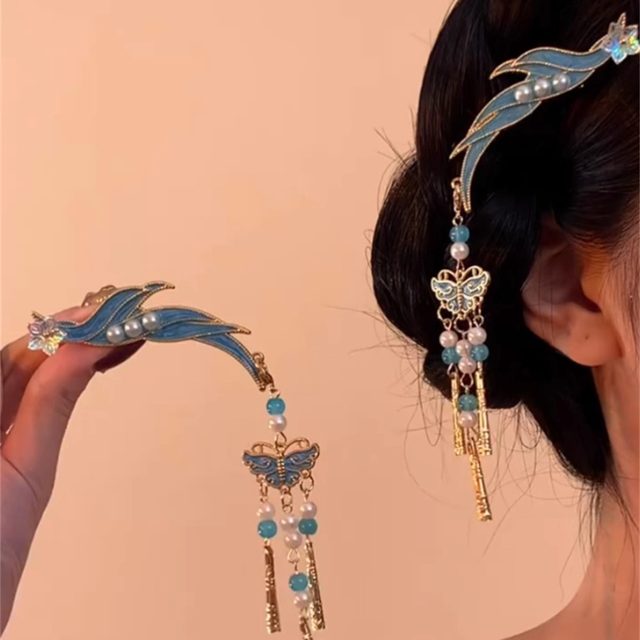 YFEIFEIE new Chinese style cloisonné national style butterfly tassel hairpin women's ancient style step shake tassel Hanfu hair accessories trend