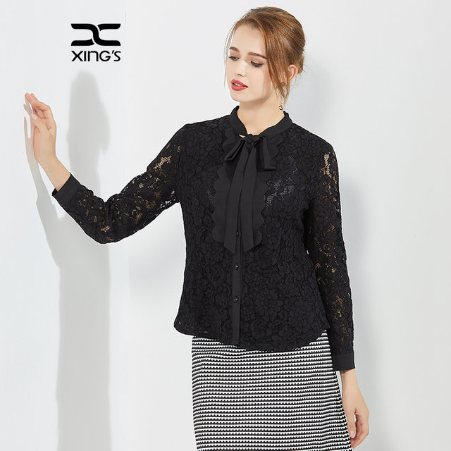 Xing's women's clothing spring and autumn new black lace commuting shirt women's long-sleeved hollow top bow tie shirt