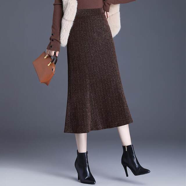 Bright silk knitted skirt female autumn and winter new high -waisted slimming, zipper fishtail skirt, hip skirt