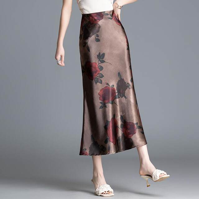 Retro printed satin fishtail skirt for women's summer 2025 new temperament long skirt hip-cover skirt new Chinese skirt