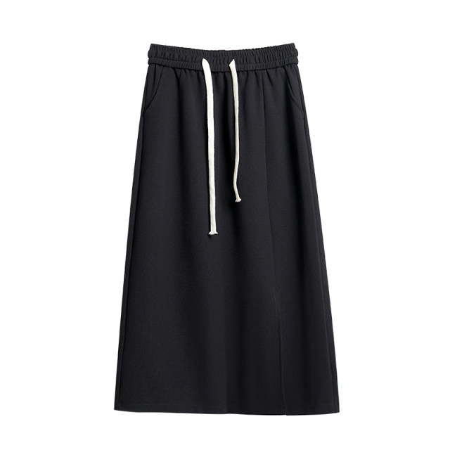 Sweatshirt skirt women's autumn 2025 new lace-up high waist elastic casual one-step long skirt slit straight skirt