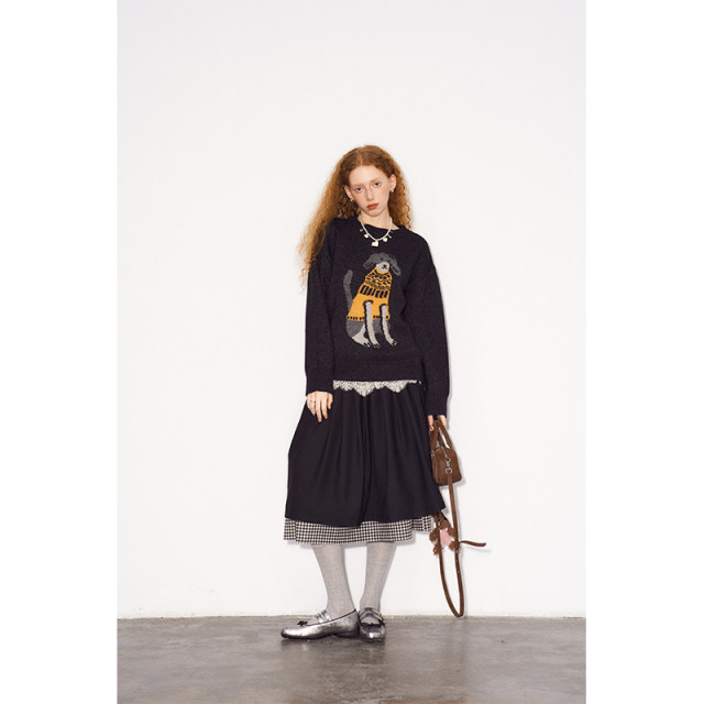 DIDDIMODA black stitching black and white plaid layer sense simple wild winter large skirt skirt female