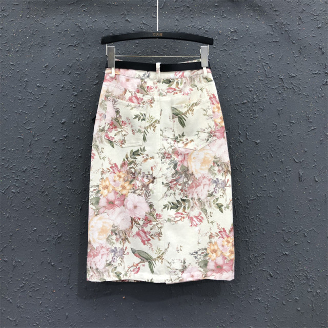 
Chinese style slit elegant Hong Kong style skirt for women 2025 summer new printed high waist mid-length hip jeans skirt