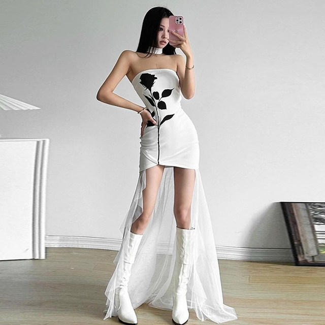 instahot printed strapless mesh skirt and hem dress for women 2024 autumn new spliced ​​hot girl long skirt for women
