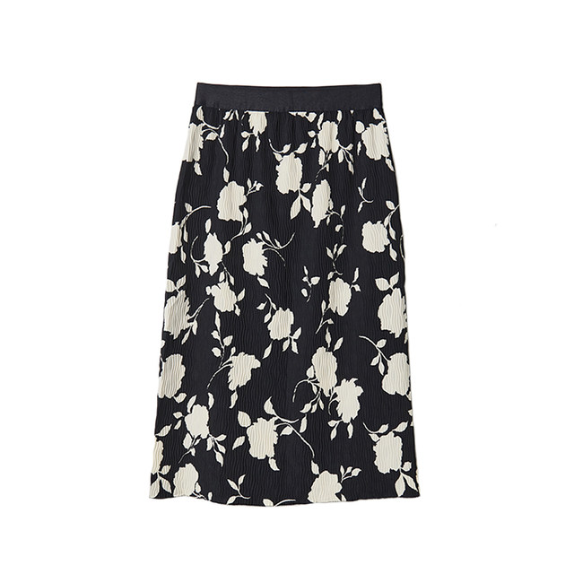 Retro pleated floral skirt with hips and one-step skirt slim straight skirt printed elastic waist floral temperament skirt