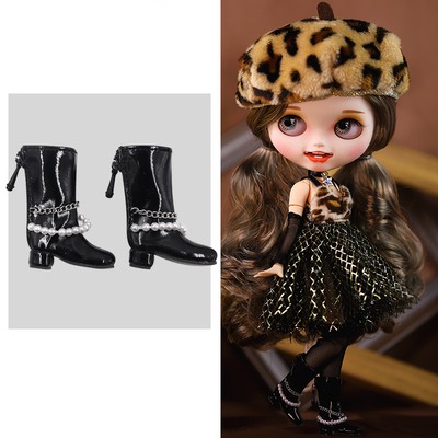 taobao agent Icy DBS small cloth doll shoes black pearl zipper bright leather high -quality high boots OB24 joint baby shoes