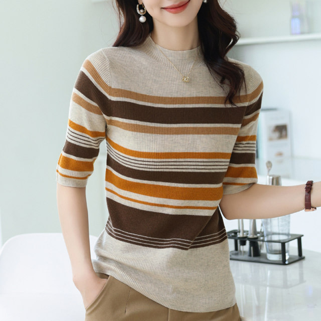 Round-neck cardigan in autumn and winter new style inner wear warm rainbow striped design sweater mother's base shirt trendy