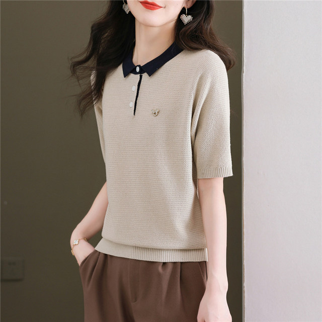 Red ice silk t-shirt women's knitted mid-sleeve top summer doll collar half-sleeved polo collar bottoming shirt fashionable spring and autumn