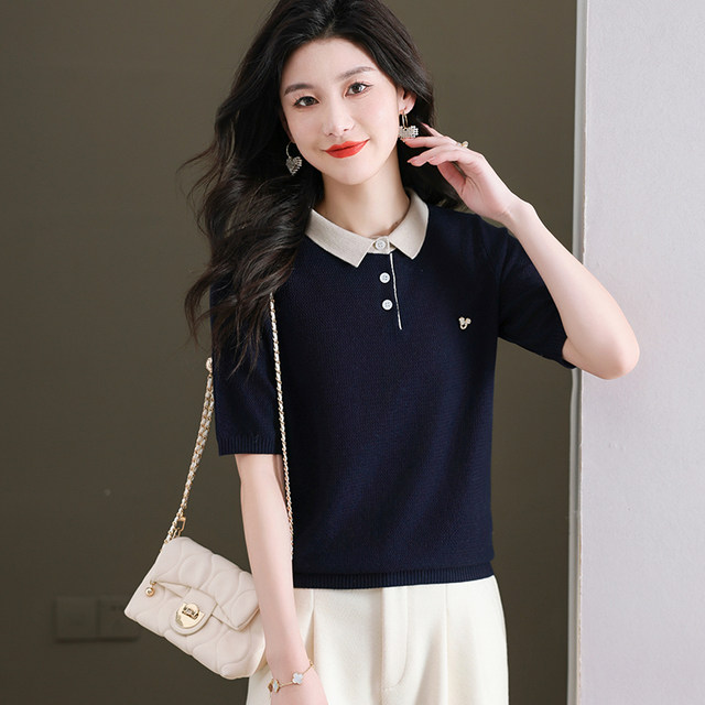 Red ice silk t-shirt women's knitted mid-sleeve top summer doll collar half-sleeved polo collar bottoming shirt fashionable spring and autumn