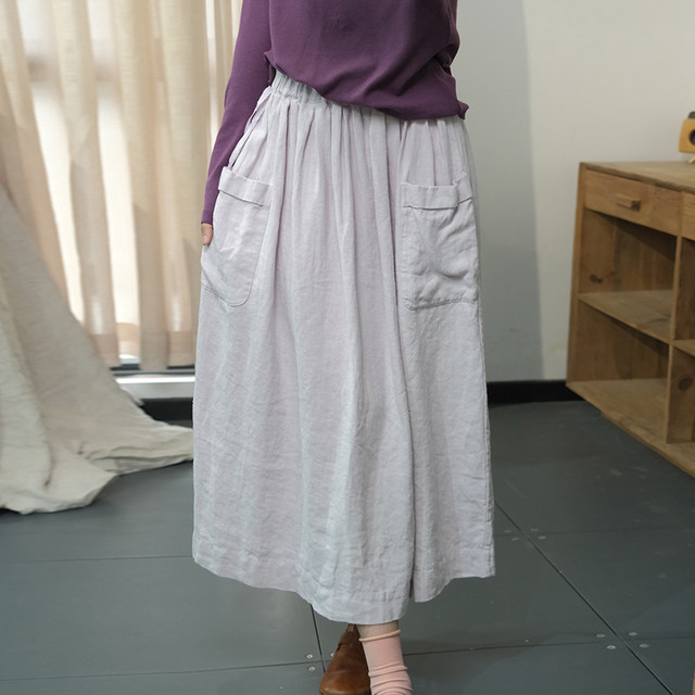 Ancient and color autumn forest women fresh loose large sling midi skirt casual and versatile elastic waist lace-up linen skirt