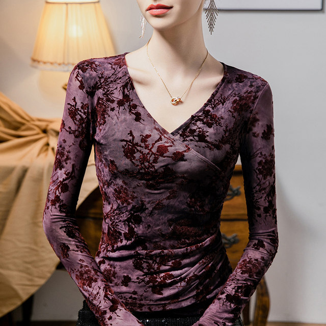 Flocked V-neck top for women slim tie-dye printing 2025 spring new women's pleated fashionable lace base shirt