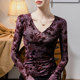 Flocked V-neck top for women slim tie-dye printing 2025 spring new women's pleated fashionable lace base shirt