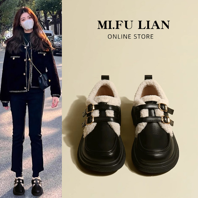 Retro velvet small leather shoes for women 2025 new autumn and winter warm cotton shoes brown loafers Mary Jane fur shoes