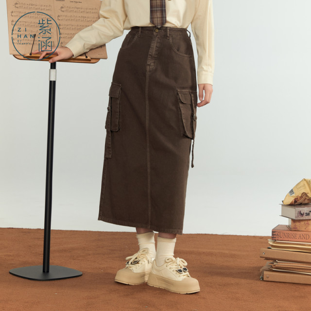Zihan retro denim worker dress skirt female autumn new Marad casual high waist mid -length A -line skirt
