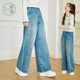 Zihan bow printed wide-leg jeans for women in spring and autumn new light blue 100% pure cotton loose casual pants