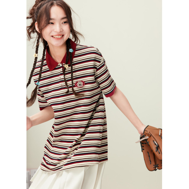 Purple-Han Red Striped POLO Shirt for Women 2025 Summer New Navigation American College Style Loose Short Sleeve T-Shirt