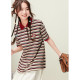Purple-Han Red Striped POLO Shirt for Women 2025 Summer New Navigation American College Style Loose Short Sleeve T-Shirt