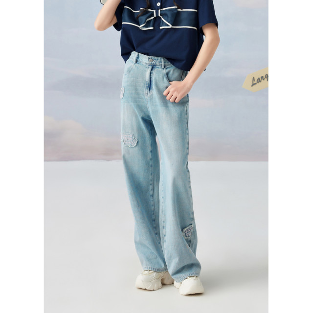 Zihan Straight Light Blue Jeans Women's Summer New Fashion Patch Embroidery High Waist Slim Versatile Casual Pants