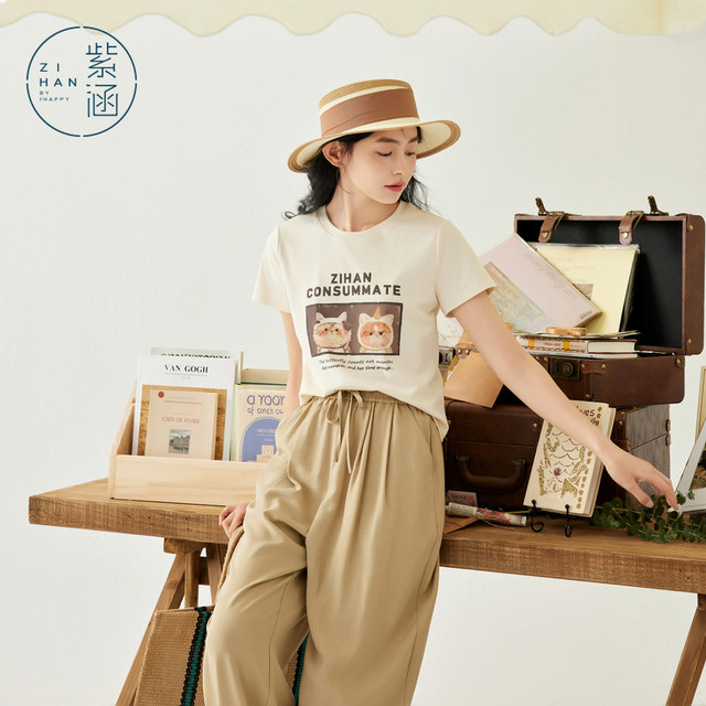 Zihan cartoon letters cat printed T-shirt for women in summer new style loose and versatile round neck short-sleeved top