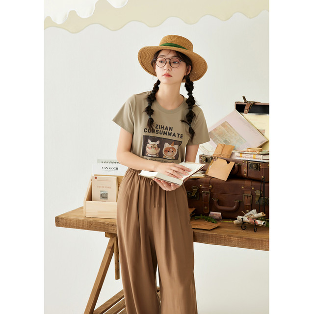Zihan cartoon letters cat printed T-shirt for women in summer new style loose and versatile round neck short-sleeved top