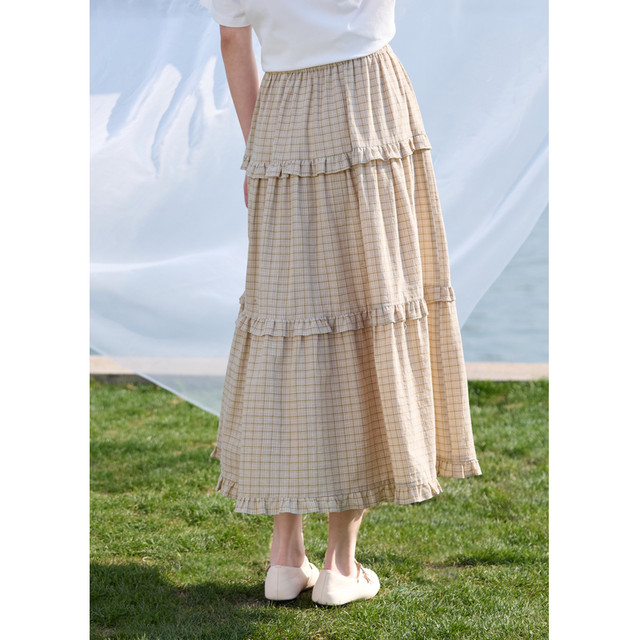 Zi Hansen-style checked mid-length skirt for women in summer 2025 new elastic waist skirt lace spliced ​​cake skirt