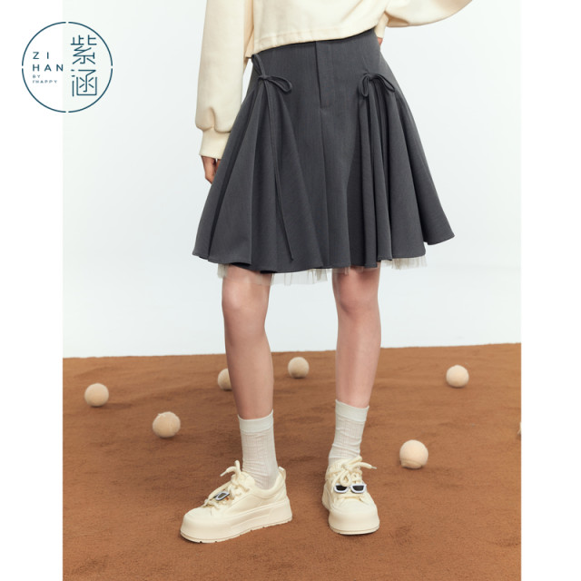 Zihan bow pleated skirt for women in autumn new design sense casual high waist A-line mesh splicing short skirt
