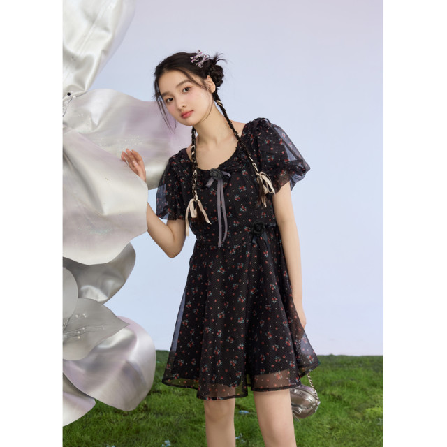 Getadme French Elegant Ballet Style Waist Slimming Suspender Dress for Women Summer New Sweet Lace Splicing A-line Short Dress