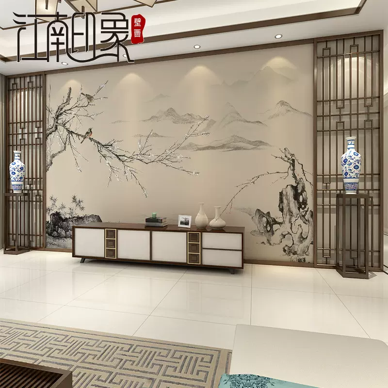 新中式电视背景墙壁纸山水水墨情喜上梅梢壁画定制客厅