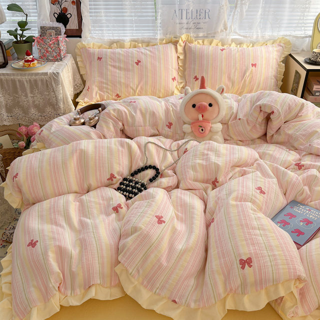 
Category A maternal and infant grade pure cotton edge four-piece set ins small fresh cotton double-layer gauze student dormitory three-piece bedding set