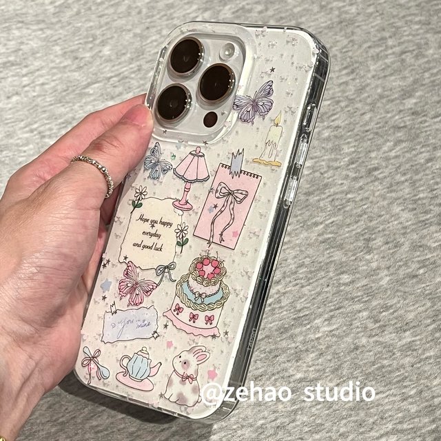 
ZEHAO*ins girly glitter table lamp cake double layer printing Korean style 14 suitable for iphone16promax apple 16pro mobile phone case apple 16/15 soft 17Promax protective cover 1 female