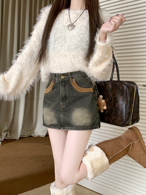 Retro old denim skirt for women with large size fat mm high waist slim hip A-line short skirt for small and versatile
