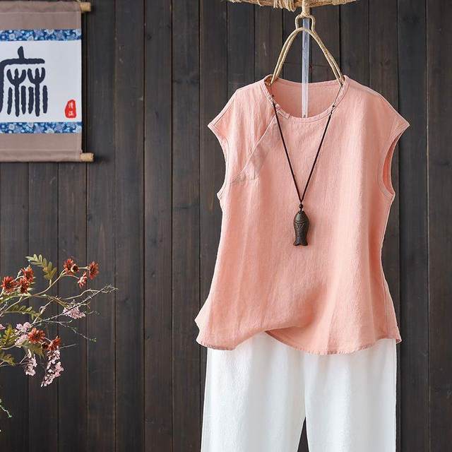 I-shaped summer solid color literary suspender large size vest vest women's cotton linen loose casual and versatile base top
