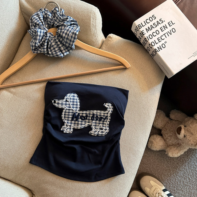 Puppy embroidered suspender vest for women with breast pad Thai hot girl one-shoulder strapless top summer wrapping breasts