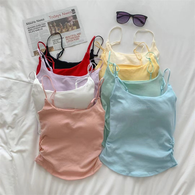 Fresh and pure style design pleated with chest pad suspender vest for women with inner wear and outer wear slim and beautiful back top in summer