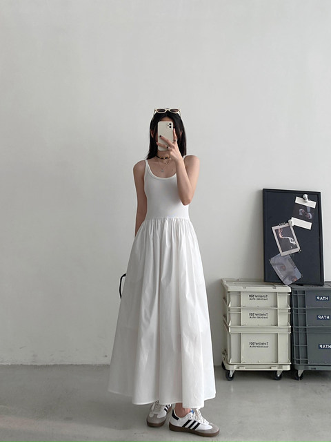 sun grapefruit white knitted suspender dress for women spring and summer high-end temperament long skirt waist sleeveless vest skirt