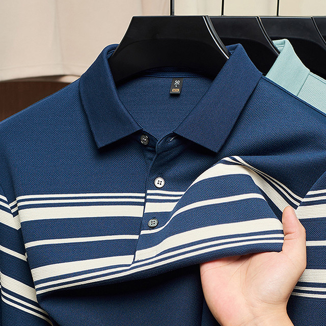 Hengyuanxiang T-shirt men's 2025 autumn new striped pullover lapel button business casual men's long-sleeved POLO shirt