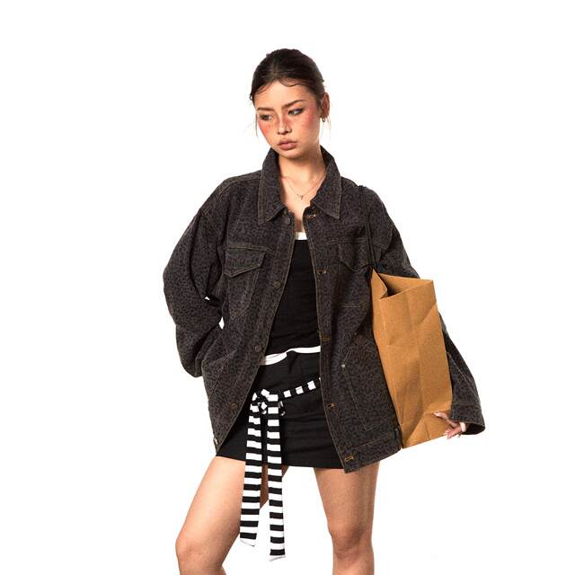 BLACKBB/retro leopard print denim jacket European and American hot girl design American street jacket top loose bf
