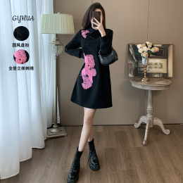 National Style Dress Autumn and Winter New Dress Senior Embroidered Cheongsam Collar New Chinese Dress Flock Reinforcing Thickening